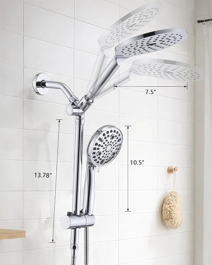 PDPBath High Pressure Rainfall Shower Head with Handheld Combo, 10 Setting Handheld Shower Head, Dual Handheld Shower Head Combo with Slide Bar for Easy Reach, Chrome