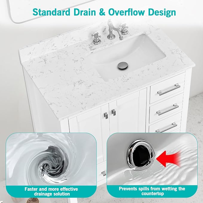 36"x22" Engineered Stone Bathroom Vanity Top with Rectangular Undermount Ceramic Right Offset Sink, 8 Inch Faucet Hole Spread with Backsplash Bathroom Vanity Sink Top (Cabinet Not Included)