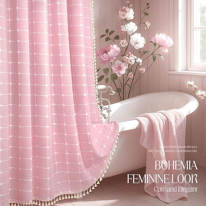 Pink Boho Shower Curtain Cotton Texture with Embroidered Plaid Pattern and Tassels for Bathroom,72" W×84" L