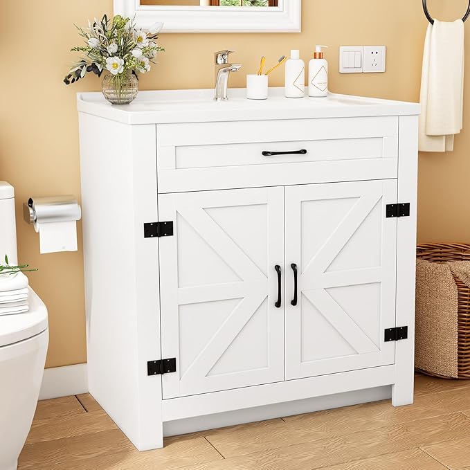 Bathroom Vanity, 32" Bathroom Vanity with Ceramic Sink, Farmhouse Bathroom Vanity Cabinet for Small Space, Freestanding Storage Cabinet with Shelf, 2 Doors, Easy Assembly