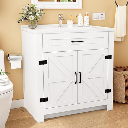 Bathroom Vanity, 32" Bathroom Vanity with Ceramic Sink, Farmhouse Bathroom Vanity Cabinet for Small Space, Freestanding Storage Cabinet with Shelf, 2 Doors, Easy Assembly