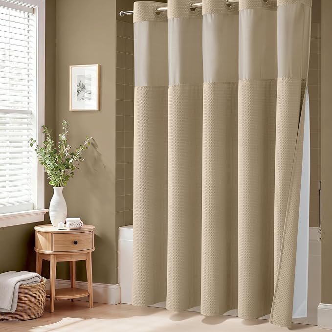 Beige Hook Free Waffle Shower Curtain & Snap-in Fabric Liner,60x75 | Less Time to install, 3 in 1 Fabric Shower Curtain and Liner Set with Magnets, Stall, Shower Curtains for Bathroom