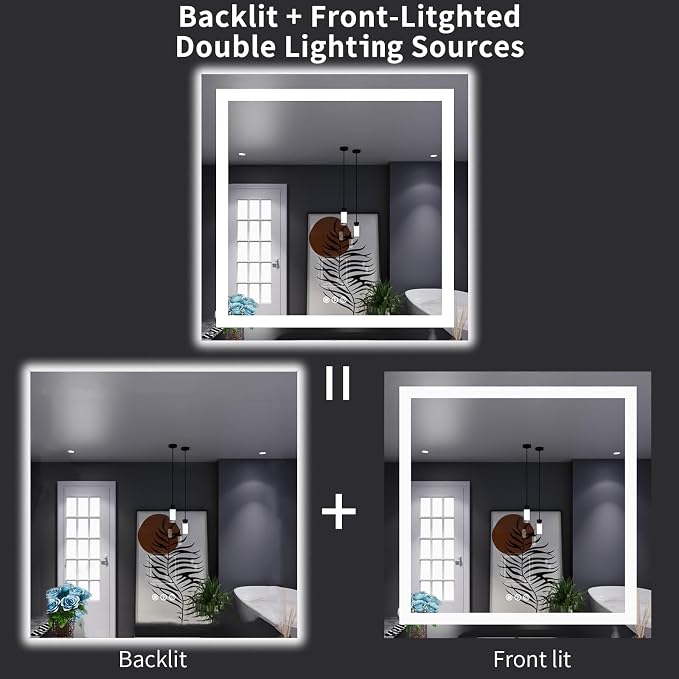 LOAAO 32"X32" LED Bathroom Mirror with Lights, UL Listed | Anti-Fog, Dimmable, 3 Color Temperature, Backlit + Front Lit, Memory Function, Tempered Glass