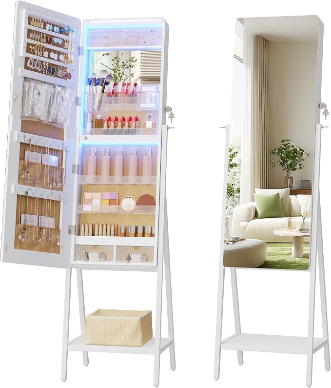LVSOMT Jewelry Armoire Cabinet Standing, Full Length Mirror with Storage | Space-saving Mirror with Jewelry Storage, Built-in LED Makeup Mirror, Jewelry Organizer Cabinet for Women, White