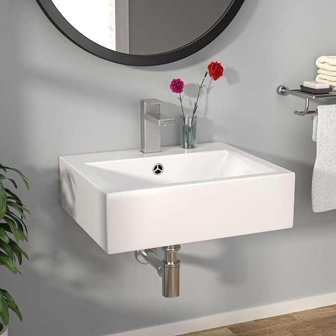 Wall Mount Vessel Sink - 21" x 16" Rectangle Wall Mounted Bathroom Sink White Wall Hung Porcelain Sink With Overflow Ceramic Basin Floating Lavatory Sink