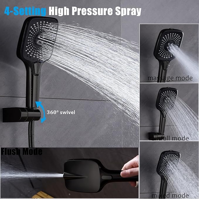 Shower Faucet Set with Tub Spout Matte Black 10 Inch Rainfall Shower with 4 Setting Spray Mixer Shower System Modern Luxury Wall Mounted Tub Shower Faucet Set Rough-in Valve Body (Matte Black)