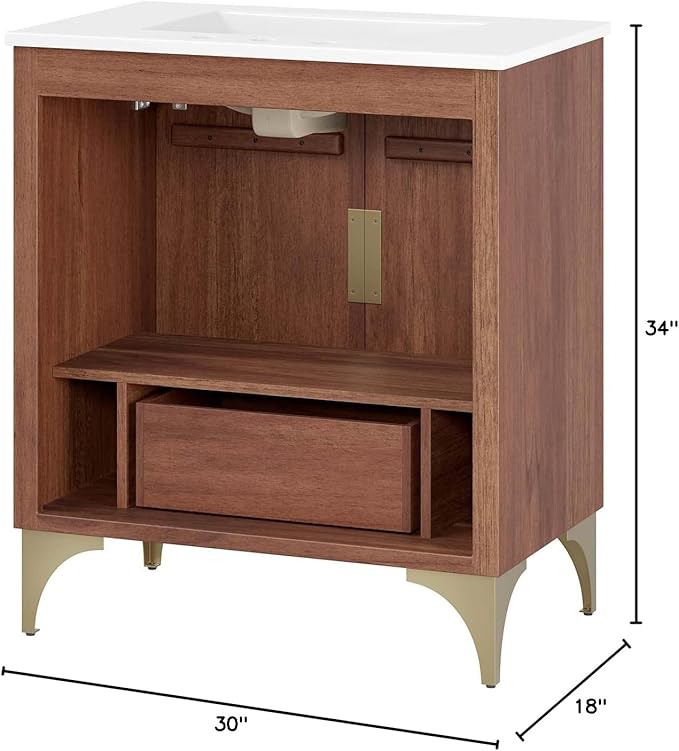 Modway Daylight Bathroom Vanity Cabinet with Ceramic Sink Basin, 30 Inch, White Walnut