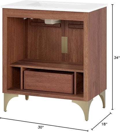 Modway Daylight Bathroom Vanity Cabinet with Ceramic Sink Basin, 30 Inch, White Walnut