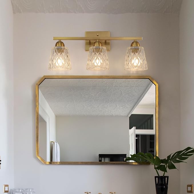 Mecgirn Stainless Steel Bathroom Vanity Light Over Mirror, 3 Light Brushed Gold Bathroom Light Fixtures with Textured Glass Shades, Modern Vanity Lighting Wall Mount