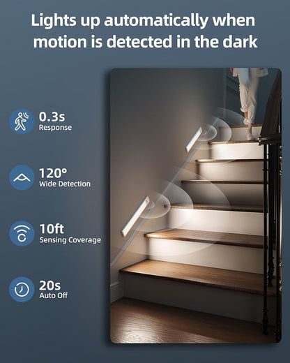 10inch Under Cabinet Lights, Wireless Closet Light, Motion Sensor, 1800mAh Rechargeable Battery, Magnetic, 3 Color Temps, 5 Levels Dimmable, Under Counter Lights for Kitchen (2 Pack)