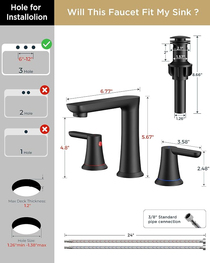 FORIOUS Black Bathroom Faucet 3 Hole, 8" Matte Black Vanity Faucet Bathroom | New Commercial 8 Inch Widespread Bathroom Sink Faucet Matte Black 3 Holes with 1.2 GPM Water Saving Aerator for Wholesale