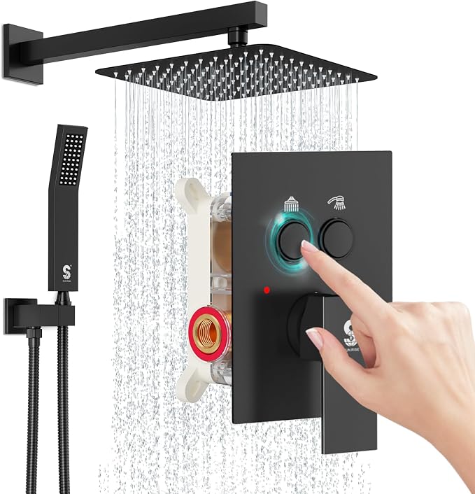 SR SUN RISE Shower System with Push Button Diverter, Wall Mounting Luxury 10 Inch Rain Shower Head with Handheld Spray, High Pressure Shower Faucet Combo Set with Rough-in Valve, Matte Black