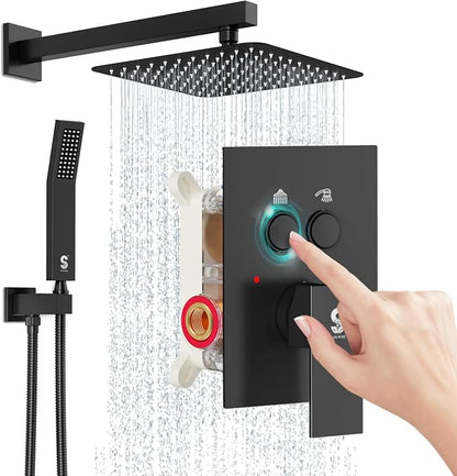 SR SUN RISE Shower System with Push Button Diverter, Wall Mounting Luxury 10 Inch Rain Shower Head with Handheld Spray, High Pressure Shower Faucet Combo Set with Rough-in Valve, Matte Black