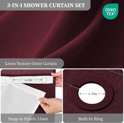 Burgundy Ringless Linen Look Shower Curtain with Snap in Liner, 72x75 | 3 in 1 Hotel Shower Curtain Set, Removable Liner, Waterproof & Washable, Mesh Top Window, Durable Fabric, Easy to Install