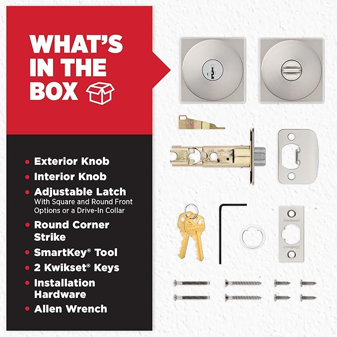 Kwikset Pismo Entry Door Knob with Lock and Key, Secure Keyed Handle Exterior, Front Entrance and Bedroom, Satin Nickel, Pick Resistant SmartKey Rekey Security and Microban