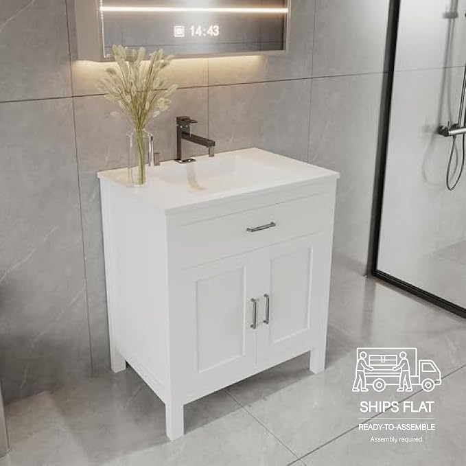 36" White Bathroom Vanity Base Only – Freestanding Solid Wood Sink Cabinet with Tip-Out Drawer, Shaker Style Bath Vanity Cabinet, No Top, 36" W x 21" D x 34.5" H