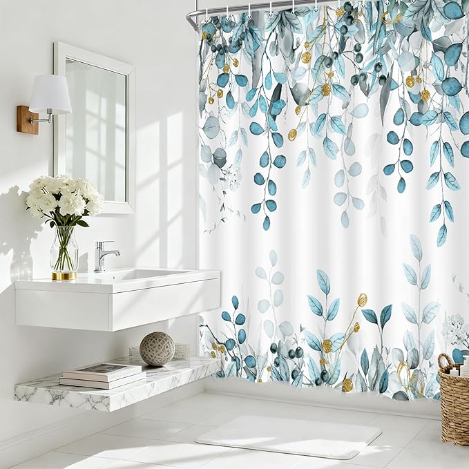 Long Eucalyptus Shower Curtain 72X78 Inch, Teal Blue Watercolor Plants Leaves Floral Tall Bathroom Curtains, Botanical Foliage Waterproof Fabric Cloth Shower Curtain Set with Hooks