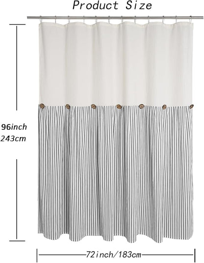 DOSLY Ides Farmhouse Shower Curtain, Beige and Black Striped, Button Curtain, Spa Waffle and Cotton Woven Fabric, Rustic Charm Country Chic Style, 72x96 in
