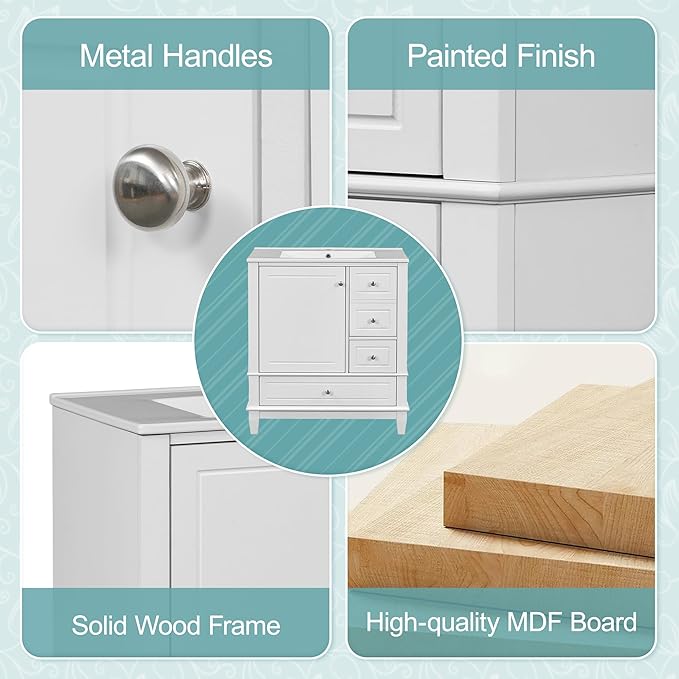 Merax Bathroom Vanity with Ceramic Sink 30 Inch, Cabinet with One Door and Three Drawers, Soft-Closing Door, Solid Wood Legs, White