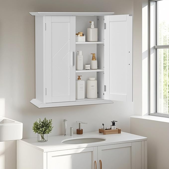 VECELO Medicine Cabinet Bathroom Wall Mount Storage with Adjustable Shelf and 2 Doors, White