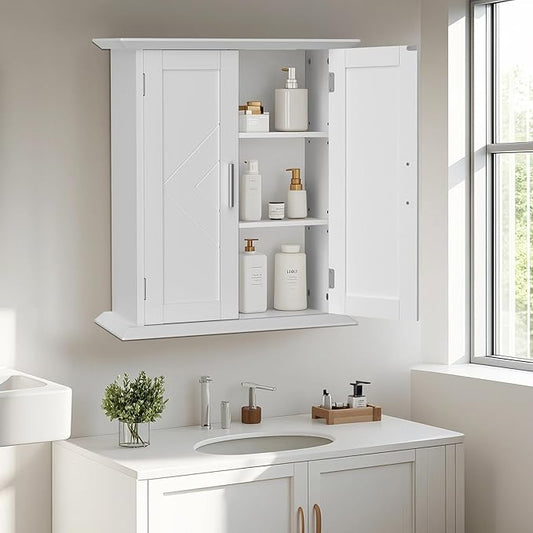 VECELO Medicine Cabinet Bathroom Wall Mount Storage with Adjustable Shelf and 2 Doors, White