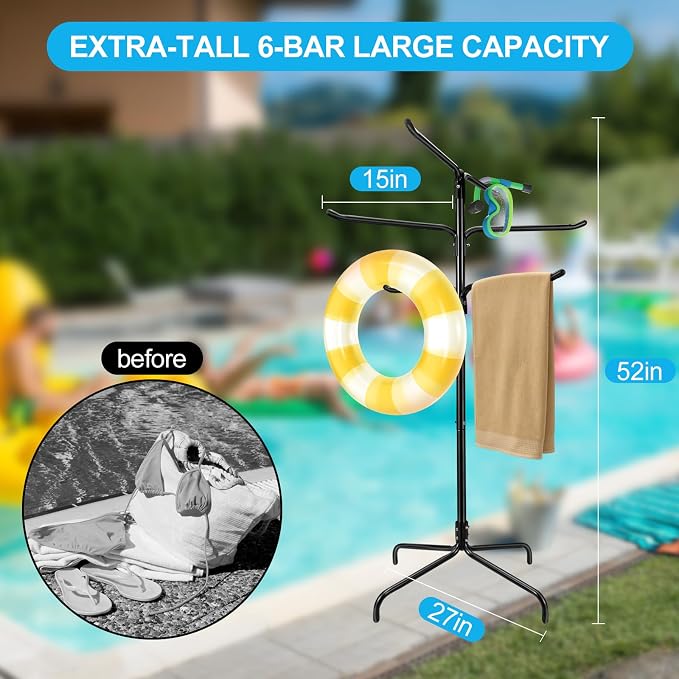 Pool Towel Rack Outdoor, Heavy Duty Freestanding Towel Holder Stand with 6 Bars & Stable Metal Base, 52-inch Tall Hot Tub Towel Hanger for Poolside, Spa, Bathroom, Sauna (Black)