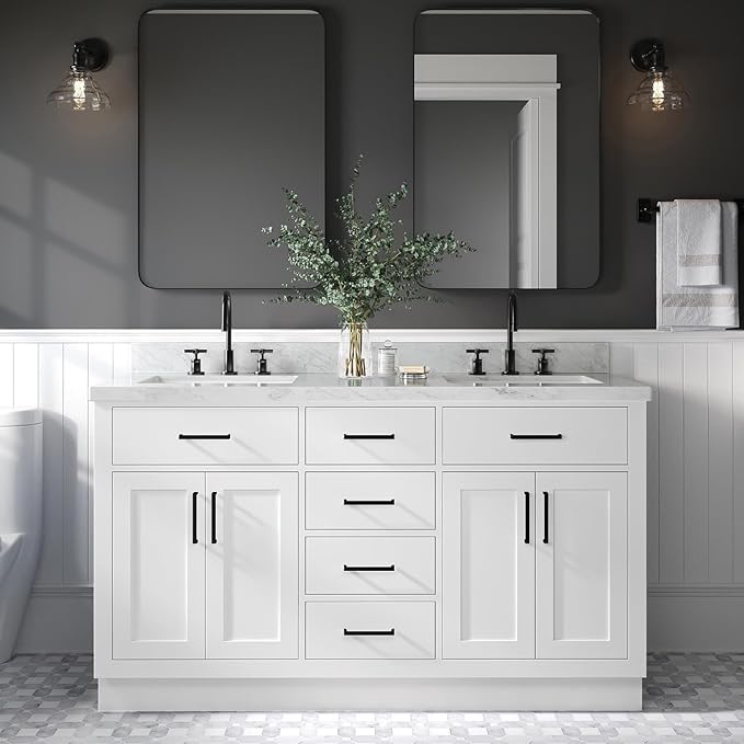 ARIEL Hepburn 60-inch Bathroom Vanity Base Cabinet,Solid Wood, 4 Soft Closing Doors, 6 Dovetail Drawers, White