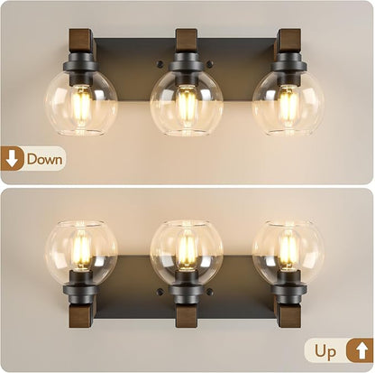 Farmhouse Bathroom Vanity Light Fixtures, 3-Light Wood Bathroom Light Fixtures Over Mirror, Rustic Vanity Lighting with Glass Shade for Living Room, Bedroom, Hallway
