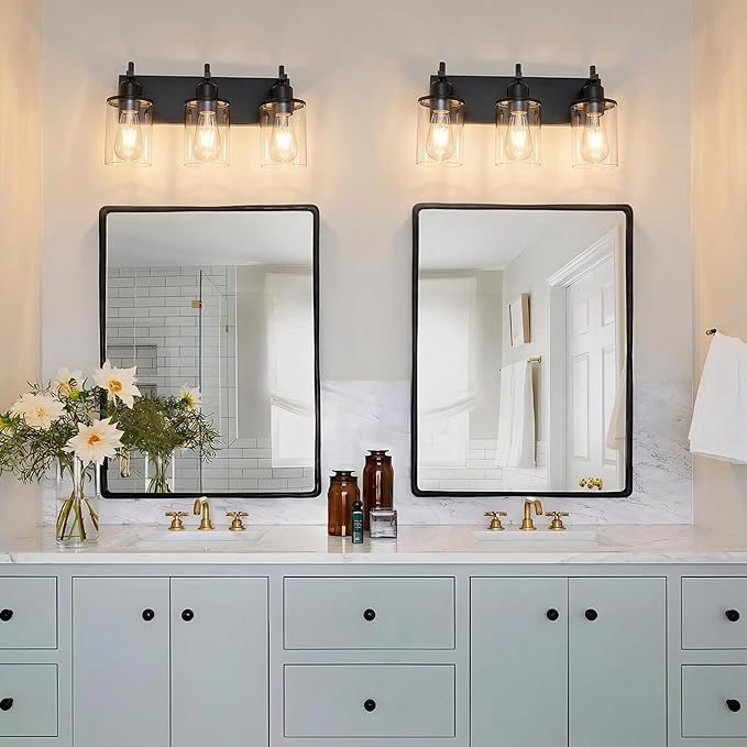 3-Light Black Bathroom Light Fixture Over Mirror Modern Farmhouse Bathroom Vanity Light Vintage Wall Lighting with Clear Glass Shade for Bathroom, Bedroom, Hallway, Cabinet