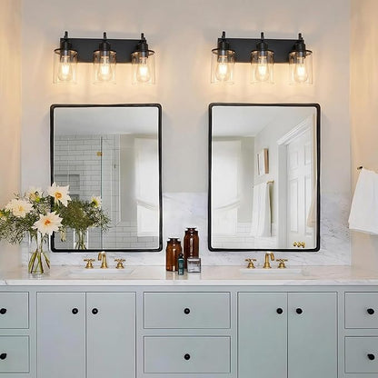 3-Light Black Bathroom Light Fixture Over Mirror Modern Farmhouse Bathroom Vanity Light Vintage Wall Lighting with Clear Glass Shade for Bathroom, Bedroom, Hallway, Cabinet