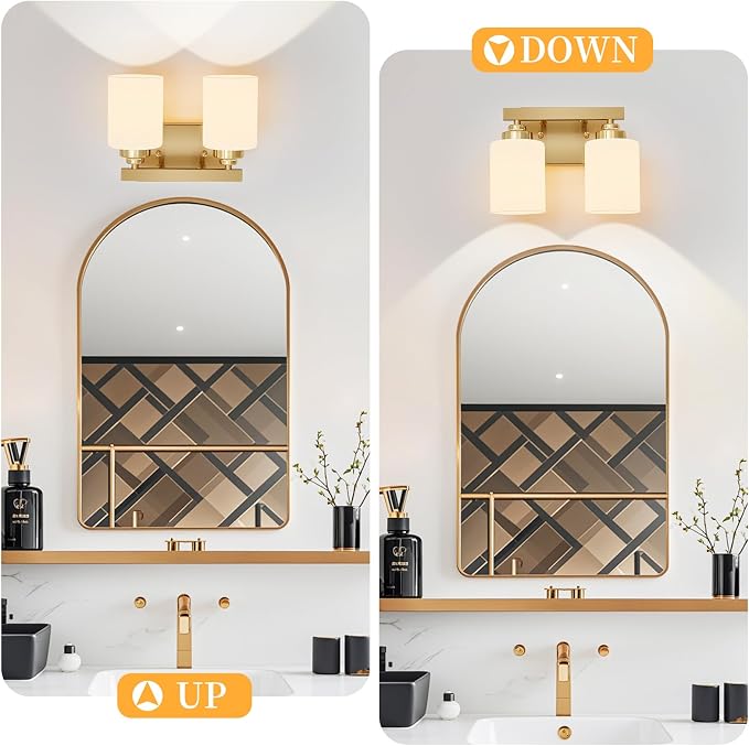 Bathroom Light Fixtures, Vanity Light Over Mirror Gold 2-Light Fixture | Modern bathroom vanity light fixture with metal frame, ideal for mirrors, bedrooms and hallways. Fits E26 bulbs.