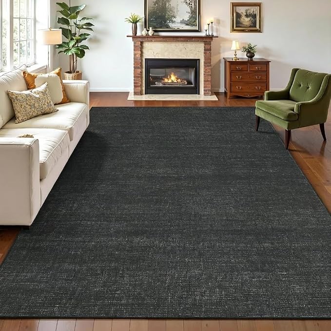Garvee 10x13 Black Rug for Living Room Modern Solid Color Washable Rug | Non Slip Backing Non Shedding Stain Resistant Low Pile Ultra Soft Thin Foldable Rug for Bedroom Nursery Dining Room