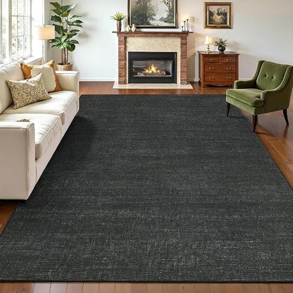 Garvee 10x13 Black Rug for Living Room Modern Solid Color Washable Rug | Non Slip Backing Non Shedding Stain Resistant Low Pile Ultra Soft Thin Foldable Rug for Bedroom Nursery Dining Room