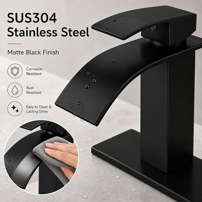 VOTON Black Bathroom Faucets, Waterfall 1 Hole Faucet with Deck & Drain | Single-handle lead-free SUS304 faucet | includes pop-up drain, cUPC supply hoses and 6 in deck plate for 1 or 3-hole sinks