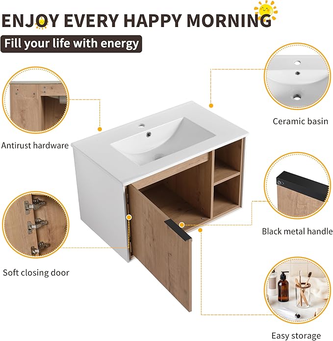 30 Inch Bathroom Vanity with Sink, 30" Single Sink Wall Mounted Bathroom Vanities with Open Storage Space and Ceramic Basin Top, Modern Bath Storage Cabinet Set for Small Space, Imitative Oak