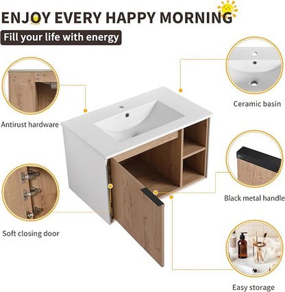 30 Inch Bathroom Vanity with Sink, 30" Single Sink Wall Mounted Bathroom Vanities with Open Storage Space and Ceramic Basin Top, Modern Bath Storage Cabinet Set for Small Space, Imitative Oak
