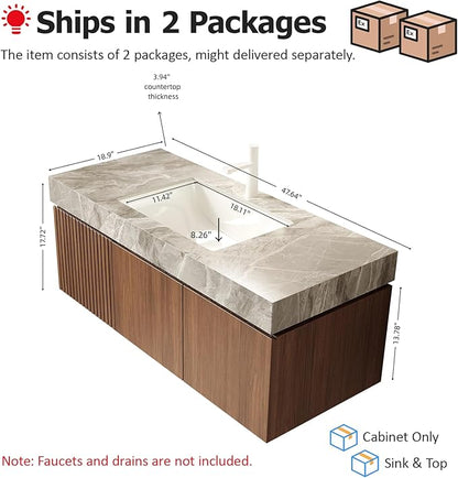 Ambrovina 48" Floating Bathroom Vanity with Sink, Modern Plywood Bathroom Storage Cabinet with Drawer and 2 Doors, Light Gray Sintered Stone Countertop and White Ceramic Basin, Pre-assembled, Dark Oak