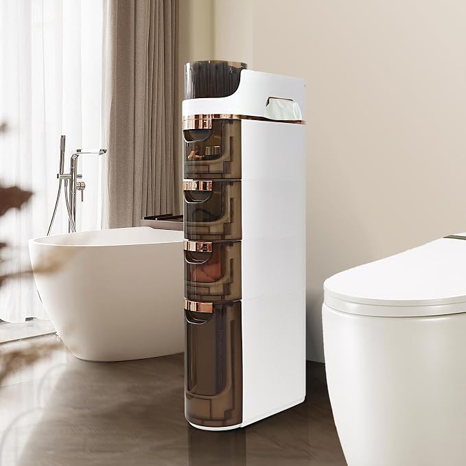 BGYMF 4-Tier Slim Bathroom Storage Cabinet,Narrow Rolling Storage Cart | Slim Cabinet for Bathroom,No installation required,White Plastic Organizer for Small Spaces, Kitchen, Laundry Room, Corner