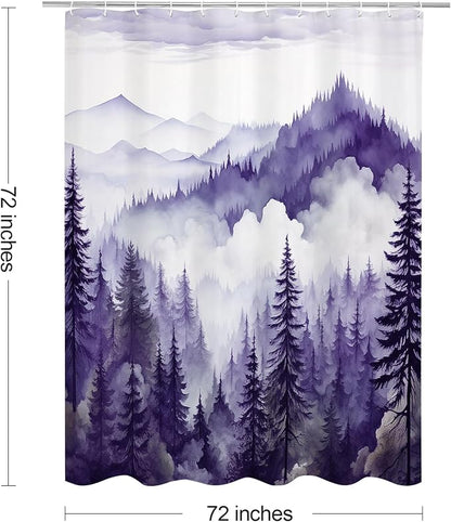 Litabel Purple Misty Pine Forest Shower Curtain, Mountain Foggy Woodland Scenery Tree Shower Curtains for Chic Rustic Bathroom, Abstract Modern Waterproof Nature-Themed Decor, 72x72 Inches