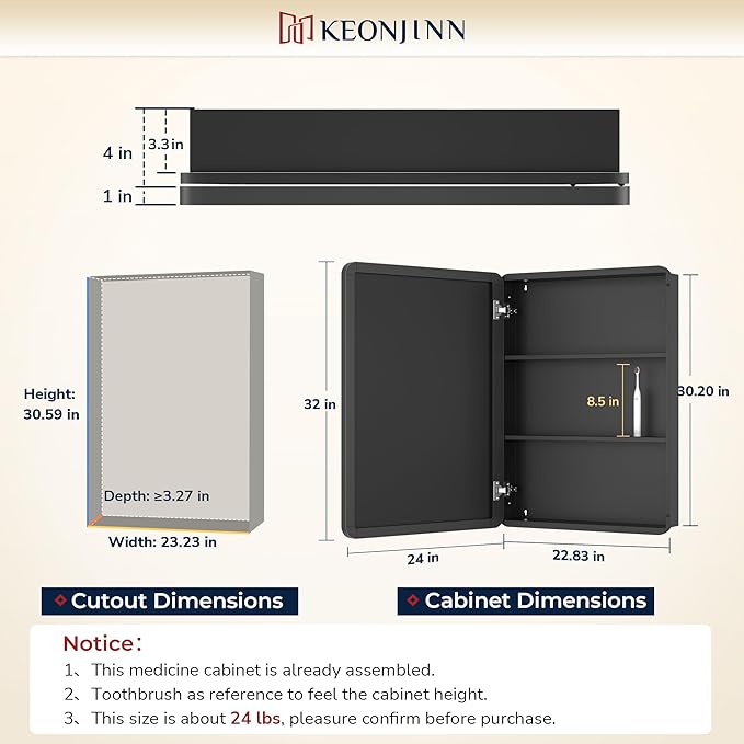 Keonjinn 24 x 32 Inch Gold Recessed Medicine Cabinets, Bathroom Mirrored Medicine Cabinet, Dim Brushed Brass Stainless Steel Framed, DTC Hinges, Stepless Adjustable Shelves, in Wall or Surface Mount