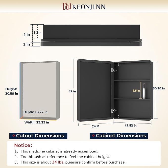 Keonjinn 24"x32" Gold Medicine Cabinet Mirror, Stainless Steel Framed | Stepless Adjustable Shelves, Surface Mount/Recessed, Heavy & Solid, Soft Close with DTC Hinges, Bathroom Medicine Cabinet