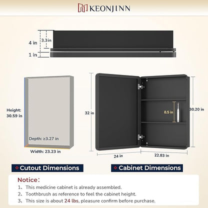 Keonjinn 24 x 32 Inch Black Recessed Medicine Cabinets, Bathroom Mirrored Medicine Cabinet, Black Stainless Steel Framed, Adjustable Shelves, in Wall or Surface Mount, Sturdy & Heavy, Farmhouse