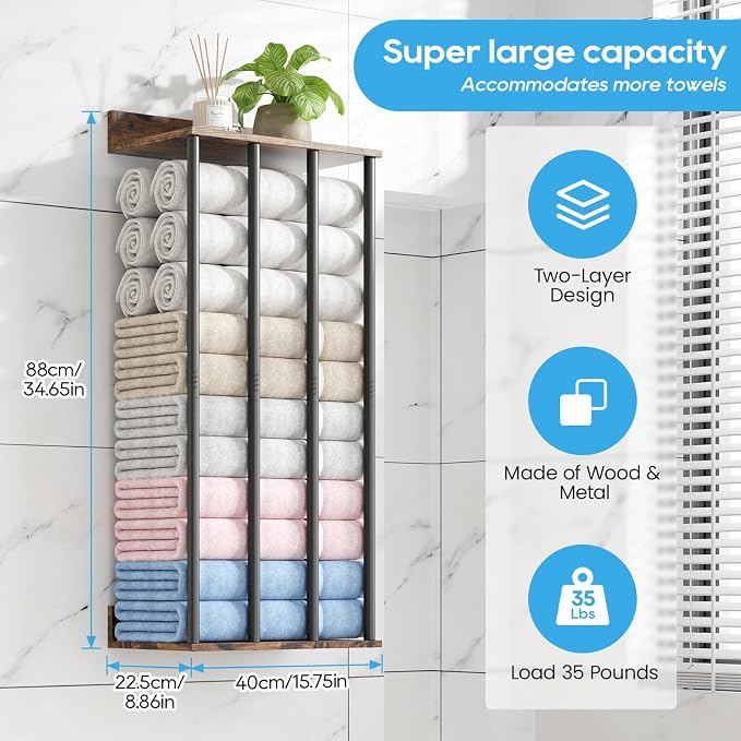 Wall Mounted 4-Bar Towel Rack with Wooden Shelf, Bathroom Storage Holder | Large Bathroom Towel Storage Rack for Rolled Towels, Farmhouse Metal Towel Organizer Shelf with Wooden Storage Shelf