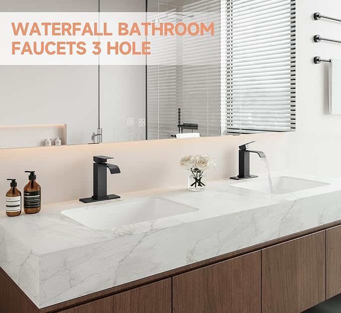 Matte Black Bathroom Faucets, Evolvegoods Modern Waterfall Bathroom Faucet, Single Handle 1 or 3 Hole Bathroom Sink Faucet, RV Mixer Tap Vanity Faucet with Deck Plate, Pop-up Drain and Supply