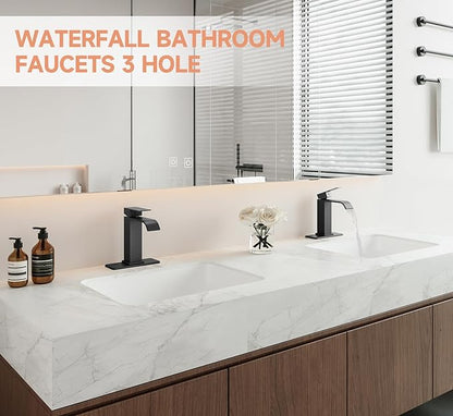 Matte Black Bathroom Faucets, Evolvegoods Modern Waterfall Bathroom Faucet, Single Handle 1 or 3 Hole Bathroom Sink Faucet, RV Mixer Tap Vanity Faucet with Deck Plate, Pop-up Drain and Supply