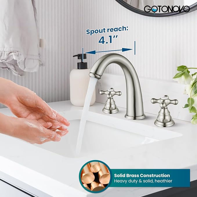 gotonovo Widespread Bathroom Sink Faucet 3 Hole Brushed Nickel,H&C Label | Vintage 8’’ Bathroom Faucet,2 Cross Handle,6-16’’ Sink,Vanity,RV,Farmhouse,SUS304,24’’ cUPC Hose,Pop Up Drain,Deck Mount