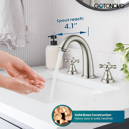 gotonovo Widespread Bathroom Sink Faucet 3 Hole Brushed Nickel,H&C Label | Vintage 8’’ Bathroom Faucet,2 Cross Handle,6-16’’ Sink,Vanity,RV,Farmhouse,SUS304,24’’ cUPC Hose,Pop Up Drain,Deck Mount