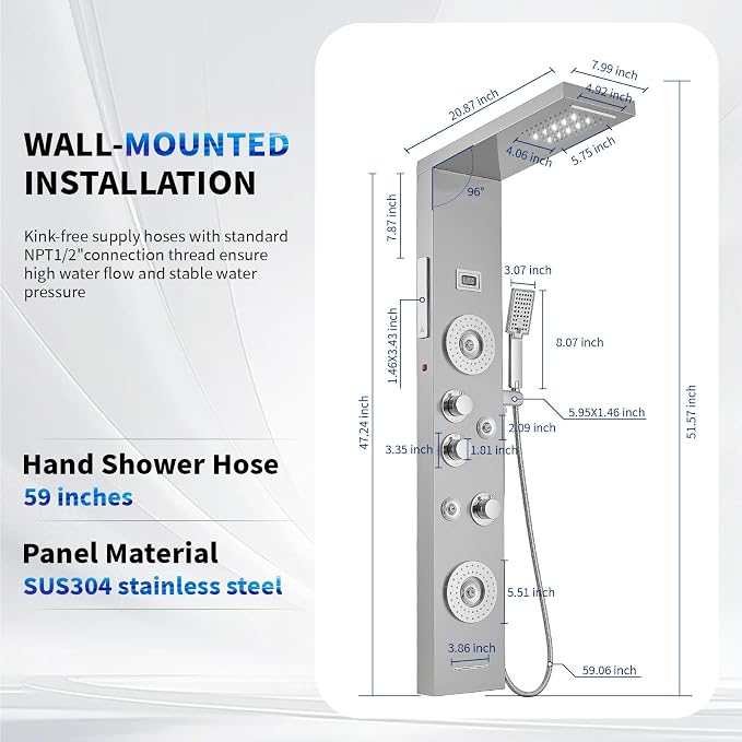 BWE 6 in 1 Shower Panel Tower System with LED Lights & Temp Display | Stainless Steel shower system with Rainfall, Waterfall, 2-Type Massage Jets, Handheld and Tub Spout, Brushed Nickel