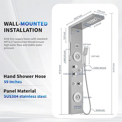 BWE 6 in 1 Shower Panel Tower System with LED Lights & Temp Display | Stainless Steel shower system with Rainfall, Waterfall, 2-Type Massage Jets, Handheld and Tub Spout, Brushed Nickel