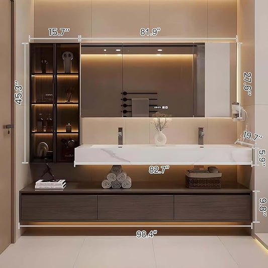 Bathroom Vanity, Floating Bathroom Sink Vanity, Modern Bathroom Vanities with Smart Defogging LED Mirror & Glass Side Cabinet, Wall Mounted Vanities for Restroom, Solid Wood (100in)